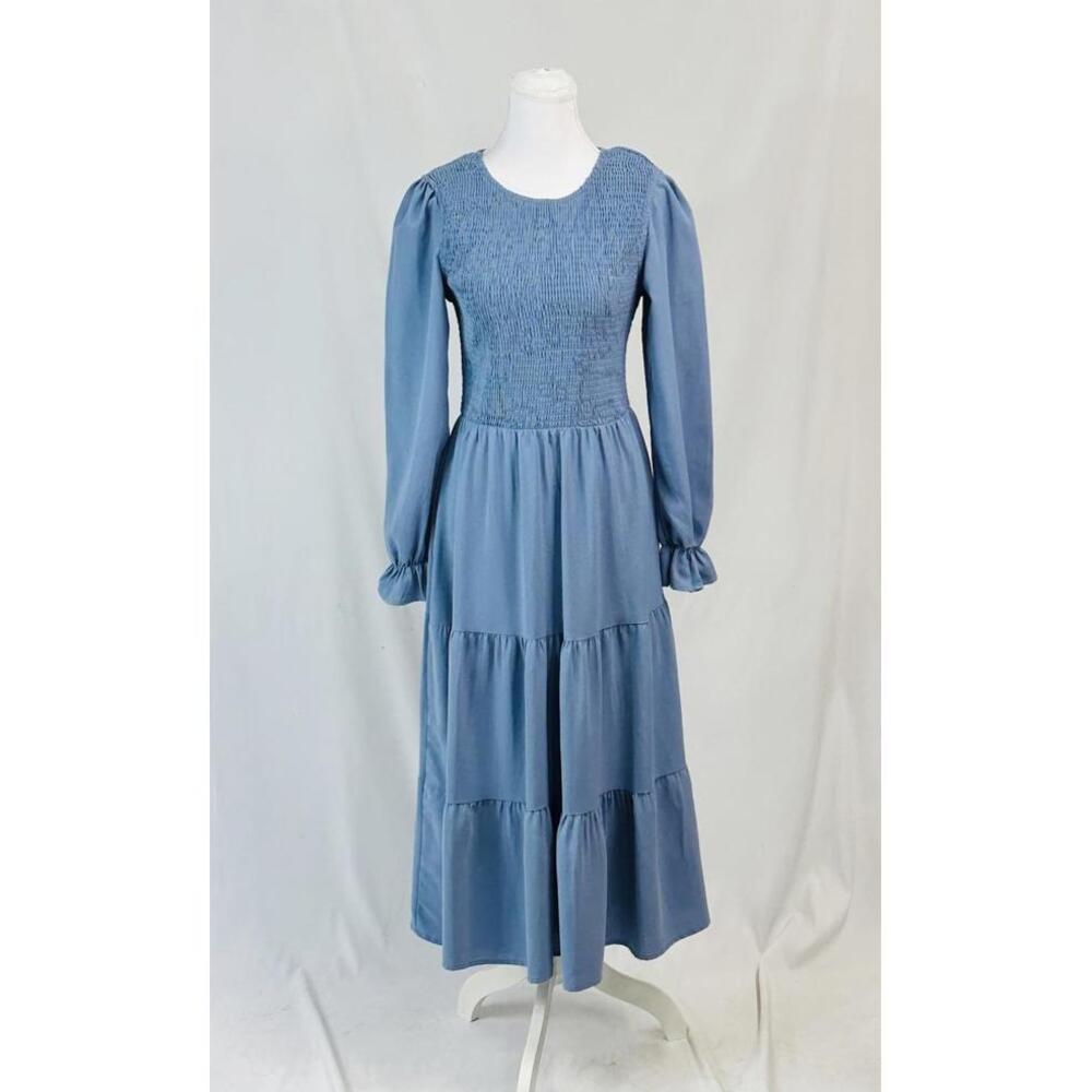 Fashion Smocked Prairie Midi Dress Sz‎ M Blue Cottagecore Farmcore Romantic